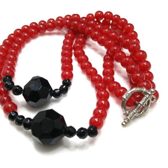 Red Black Glass Beaded Necklace, Two Strands, 18 Inches, Toggle Clasp On Wire - Picture 6 of 7